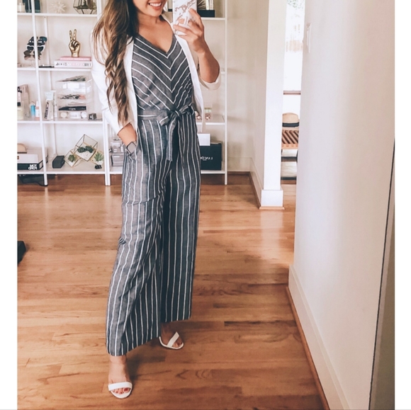 LOFT Pants - Loft Jumpsuit Belted Striped Wide Leg Jumpsuit Grey White 8